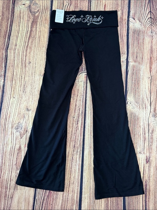 PINK Victoria's Secret Pants - Love Pink Bling Rhinestone Black Fold-Over Flare Yoga Pants